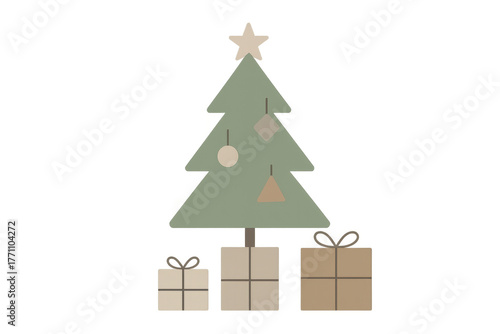 Christmas tree with star and neutral decorations, celebrating winter holidays and season's greetings with gifts