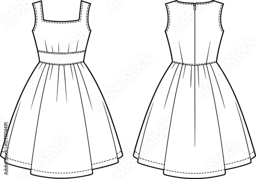 Sleeveless dress sketch, square neckline, pleated skirt, technical fashion illustration, waistband detail, princess seams, front and back view, zipper