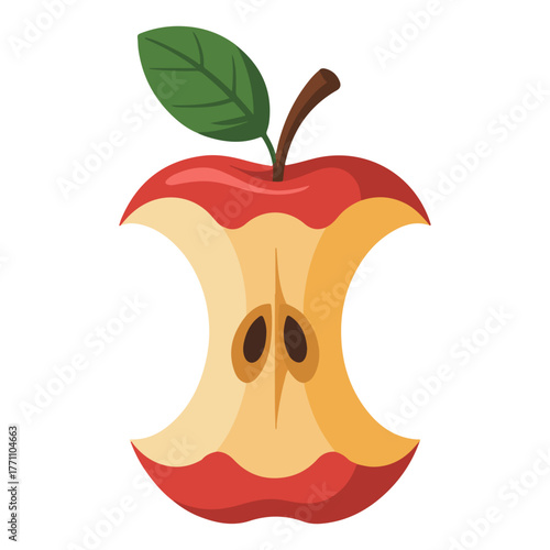 A half-eaten red apple core with a green leaf, showcasing the remains of a fresh fruit
