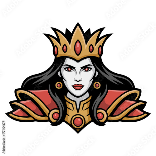 An illustration of a queen with a stern gaze and a regal crown. The queen is depicted in a colorful illustration, exuding authority and power.