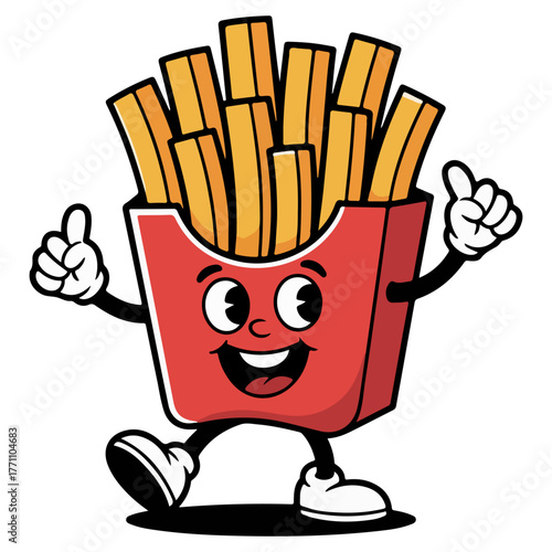 A charming cartoon of French fries with a cheerful face giving the thumbs up