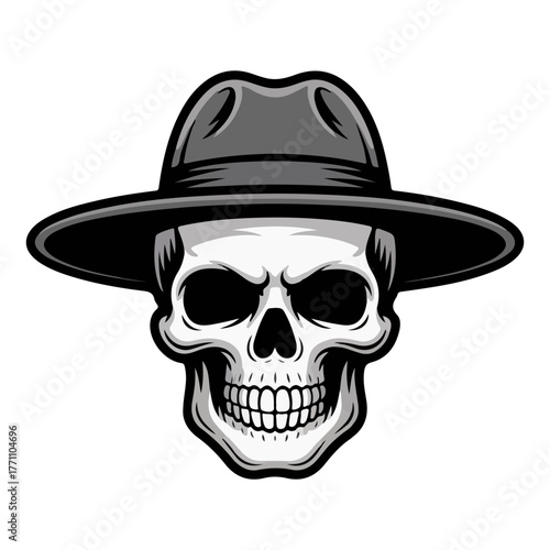 Sinister skull wearing a stylish fedora hat, perfect for a dark design. This skull with a hat is also suitable for a sticker