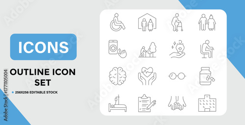 Outline Icon Set Depicting Healthcare Elderly Care and Medical Assistance Concepts