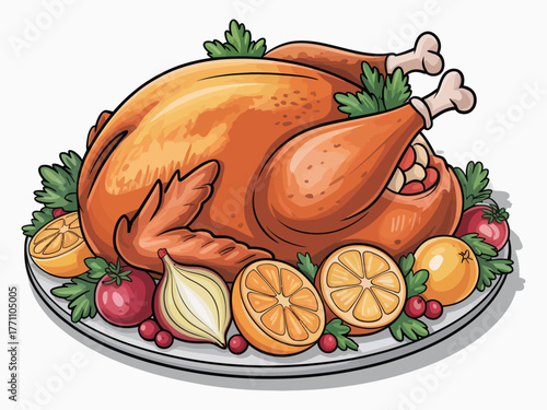 Thanksgiving dinner roasted turkey vector illustration with golden brown turkey serving plate vegetables and festive autumn decoration