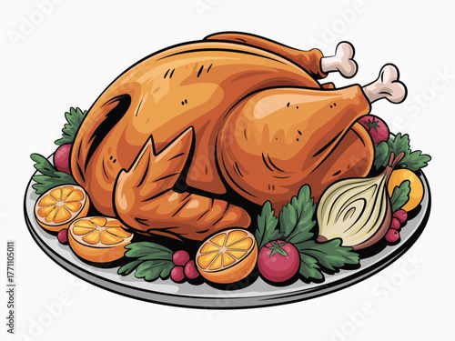 Thanksgiving dinner roasted turkey vector illustration with golden brown turkey serving plate vegetables and festive autumn decoration