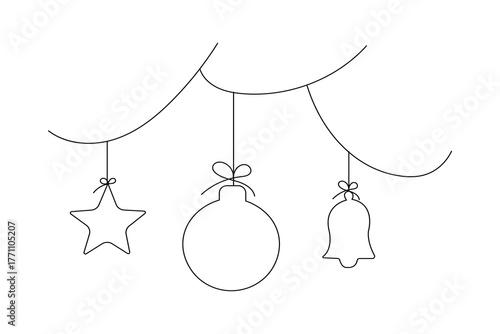 Minimalist continuous line art of hanging Christmas decorations and ornaments