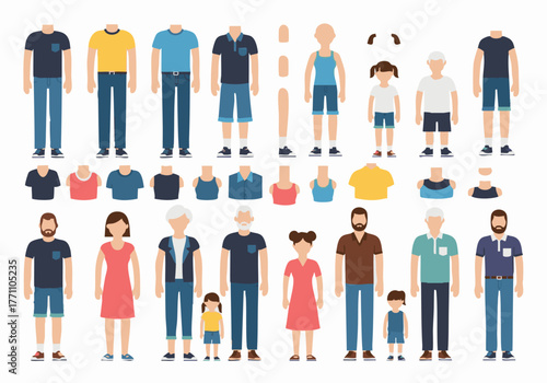 Flat vector illustration showing diverse people of different ages and genders, with interchangeable clothing and body parts, for design or customization.