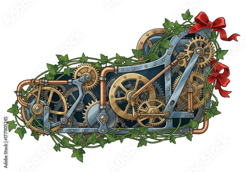 Festive steampunk mechanical sleigh with ivy and red bow.
