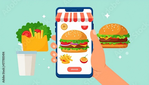 user's hand ordering fast food on smartphone app, illustration for food and restaurant ordering, mobile delivery and online takeaway service