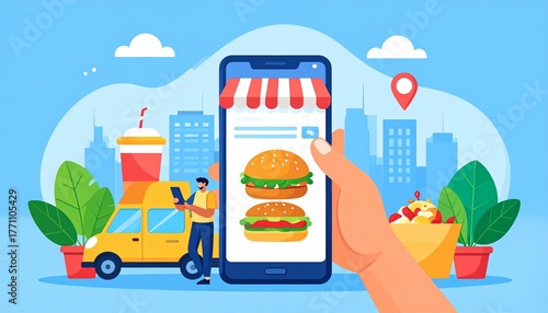 user's hand ordering fast food on smartphone app, illustration for food and restaurant ordering, mobile delivery and online takeaway service
