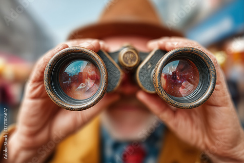 Elderly man observing through binoculars on a busy street