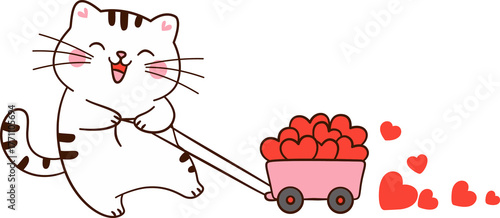 Kawaii cat pulling cart filled with hearts, expressing joy and love