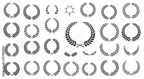A diverse collection of black silhouette laurel wreaths, frames, and borders, symbolizing victory, achievement, and honor on a white background.