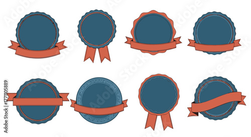 Eight elegant blank badges, labels, and ribbons in vintage blue and red colors, perfect for awards, guarantees, or product branding designs.