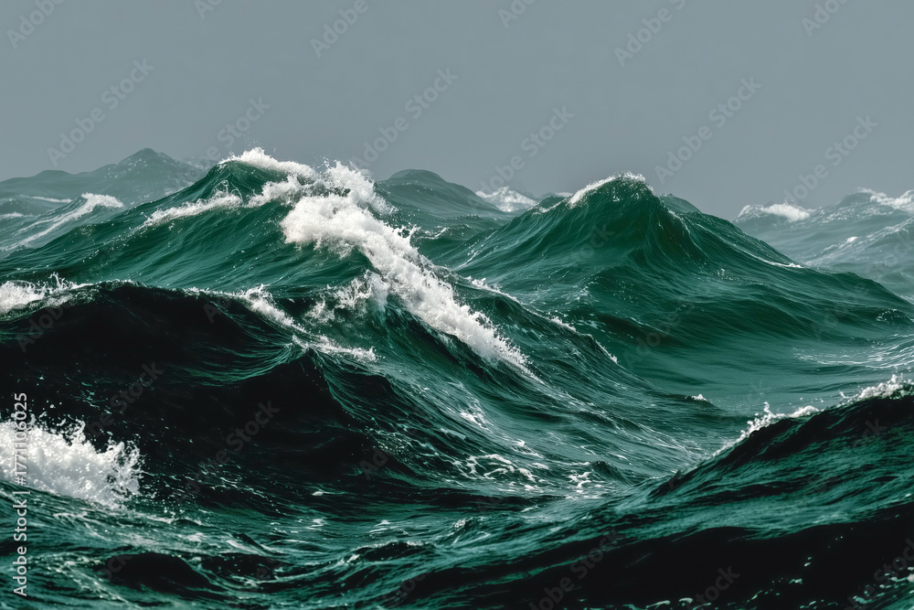 Obraz premium Powerful ocean waves crashing with intense motion under cloudy sky