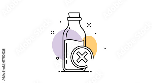Minimalist line art illustration of a corked bottle containing liquid, overlaid with a cross mark symbol, signifying a disallowed or removed substance.