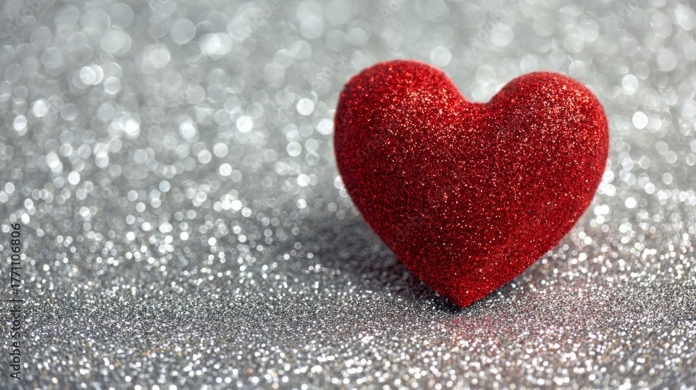 Obraz premium Red heart on sparkling glitter background for romantic valentine’s day greeting card, love celebration, and festive couple decoration