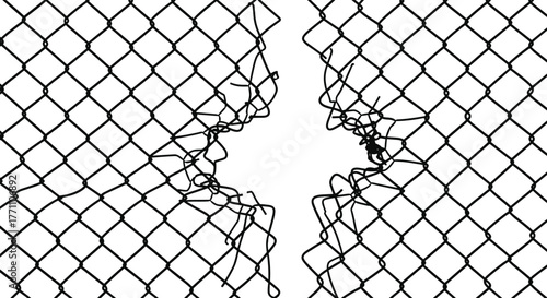 A black and white drawing of a damaged chain link fence featuring a large, irregular hole in the middle, symbolizing breach, destruction, or escape.