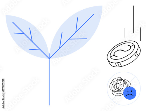 Leaf with branching lines, falling coin, tangled lines, and sad face. Ideal for sustainability, eco-finance, growth, climate change, emotions economic stability simple flat metaphor
