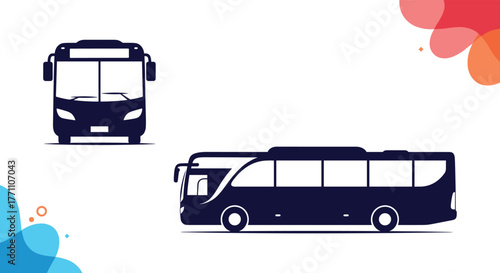 A graphic illustration featuring a front-facing bus and a side-profile bus icon in dark blue on a clean white backdrop.
