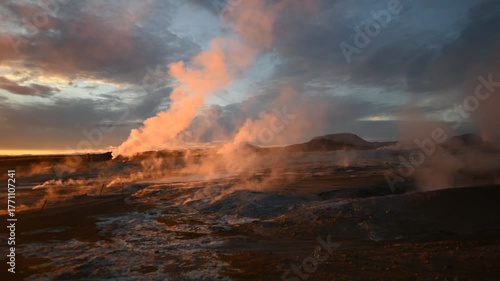 Hverir geothermal area in morning sunlight , Iceland 