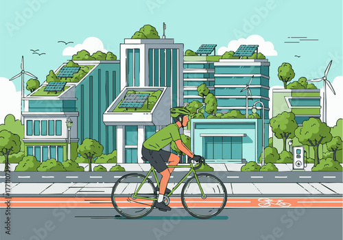 A cyclist rides past sustainable buildings with green roofs and renewable energy sources.
