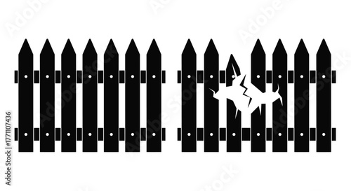An illustration of a broken black picket fence against a white background, featuring a shattered plank and a wide gap in its structure.