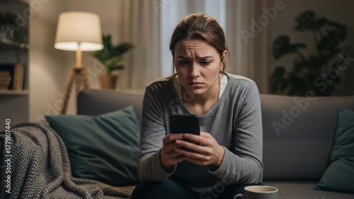 A concerned woman sits on a couch indoors, looking at a phone in her hands