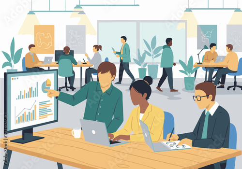 Diverse team collaborates in a modern office, analyzing data charts on a screen and working on laptops.