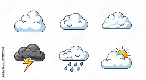 Vector illustration of various cloud shapes icon set.