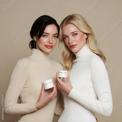 Elegant models holding skincare jars in neutral tones