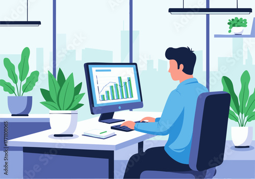 A person working at a desk, analyzing data on a computer screen, in a modern office setting.