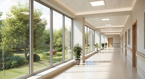 Wallpaper Mural A hospital corridor with modern architecture featuring large glass windows and natural light the minimalist design and green outdoor view create a calming atmosphere Torontodigital.ca