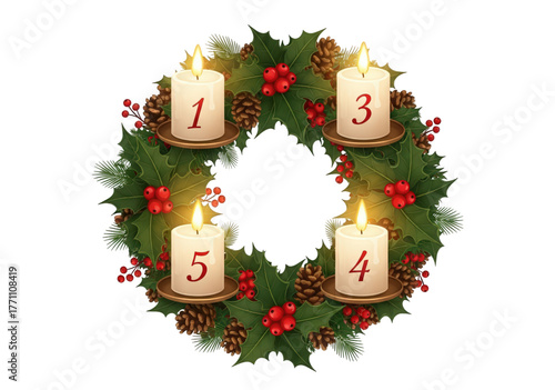 Christmas Advent wreath with four numbered candles and decorations.