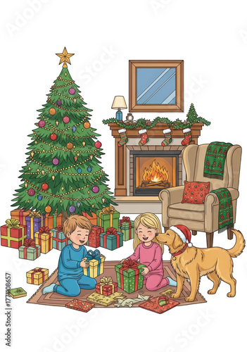 Joyful siblings and their dog opening presents by the Christmas tree.