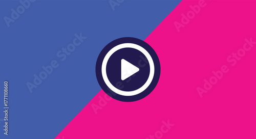 Modern graphic design with a vibrant blue and pink diagonal background, highlighting a prominent white play symbol within a dark circular icon, representing digital media.