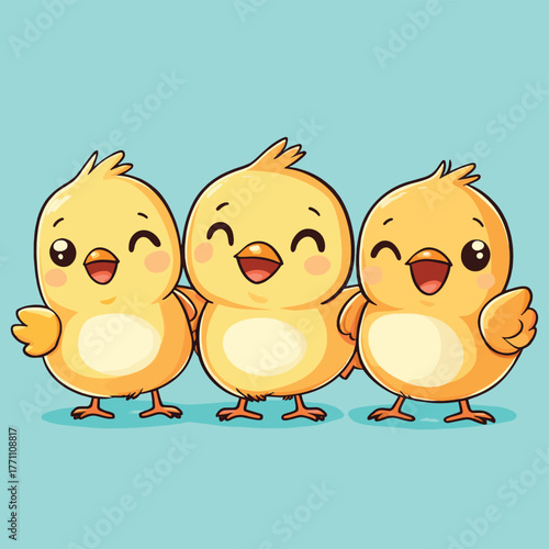 Kawaii chibi bird picture. Cartoon happy small drawn chicks.   , vector style simple color