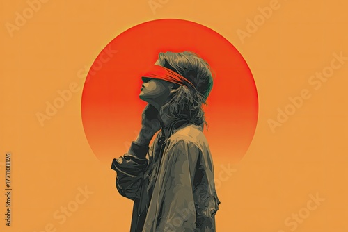 Woman with blindfold, orange background