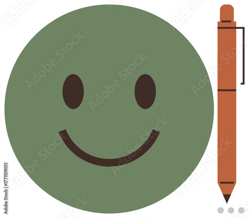 Smiling green emotion beside orange pen indicating ideas, communication, happiness, creativity, motivation. Ideal for positivity, mental health, inspiration, teamwork education mindfulness simple