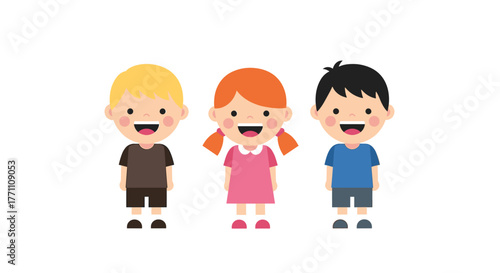 Three diverse, smiling children stand together happily, representing childhood joy and vibrant youth for educational and commercial projects.