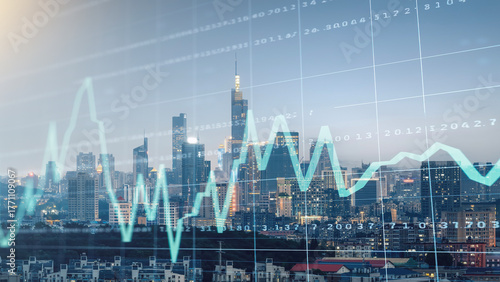 City skyline with financial graph showing economic trends