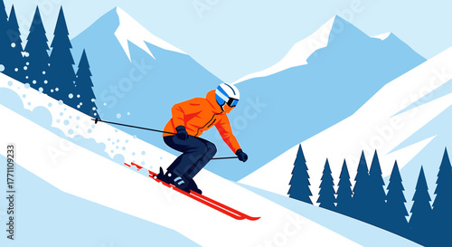 Dynamic skier carving down a snowy mountain slope amidst pine trees and majestic peaks, capturing the thrill of winter adventure.