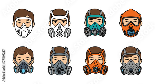 Diverse faces showcasing a variety of modern protective masks and respirators for safety and health awareness