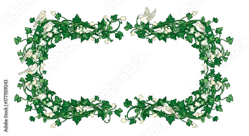 Enchanting ivy vine and delicate birds create a whimsical natural border, perfect for elegant invitations and springtime designs