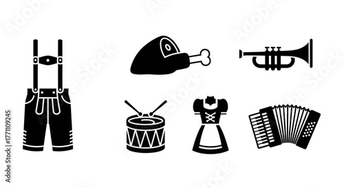 Celebrate Oktoberfest with traditional German icons featuring lederhosen, bratwurst, trumpet, drum, dirndl, and accordion for festive occasions