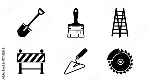 Essential construction tools and safety equipment icons for building projects and DIY endeavors