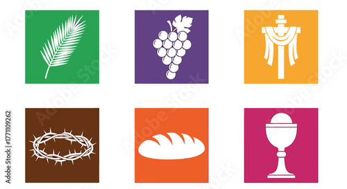 Sacred symbols of faith including palm branch, grapes, cross, crown of thorns, bread, and chalice for religious events and worship