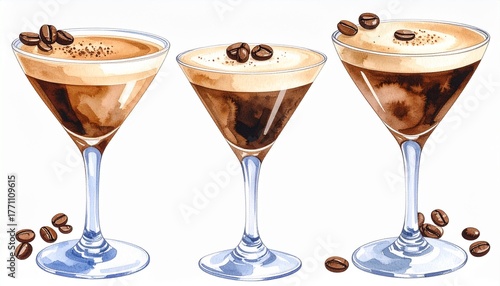 Watercolor Espresso Martini Coffee Cocktails Set