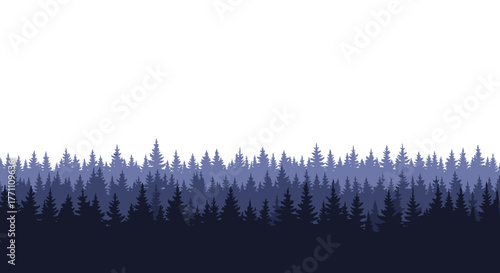 Stylized layered silhouettes of evergreen trees in shades of blue and purple depict a serene forest scene against a white background.