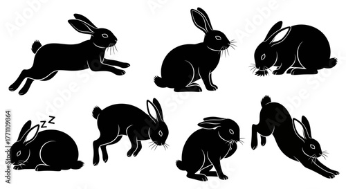 Dynamic collection of black rabbit silhouettes showcasing various life poses, from energetic jumps to peaceful sleep